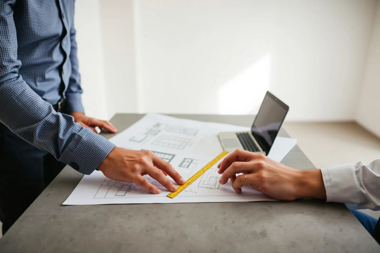 Equipo de Reformas Maestras revisando planos de una vivienda sobre una mesa de hormigón